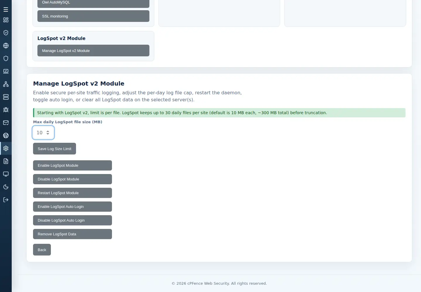 Current WebUI controls for LogSpot file limits, collection, restart, auto login and data removal.