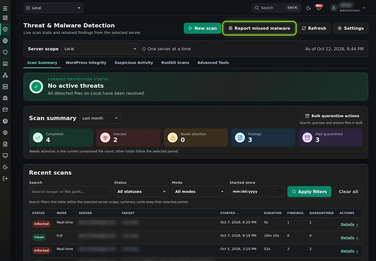 Threat & Malware Detection with the Report missed malware button highlighted next to New scan.