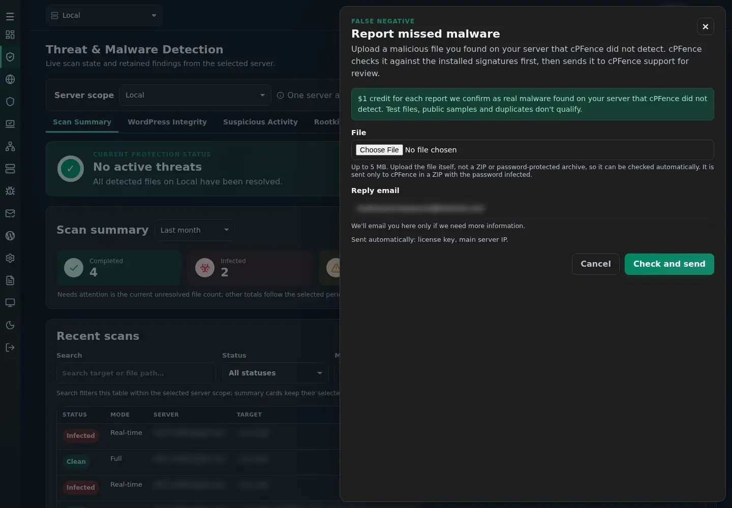 Report missed malware form with the $1 credit note, File, Reply email and Check and send.