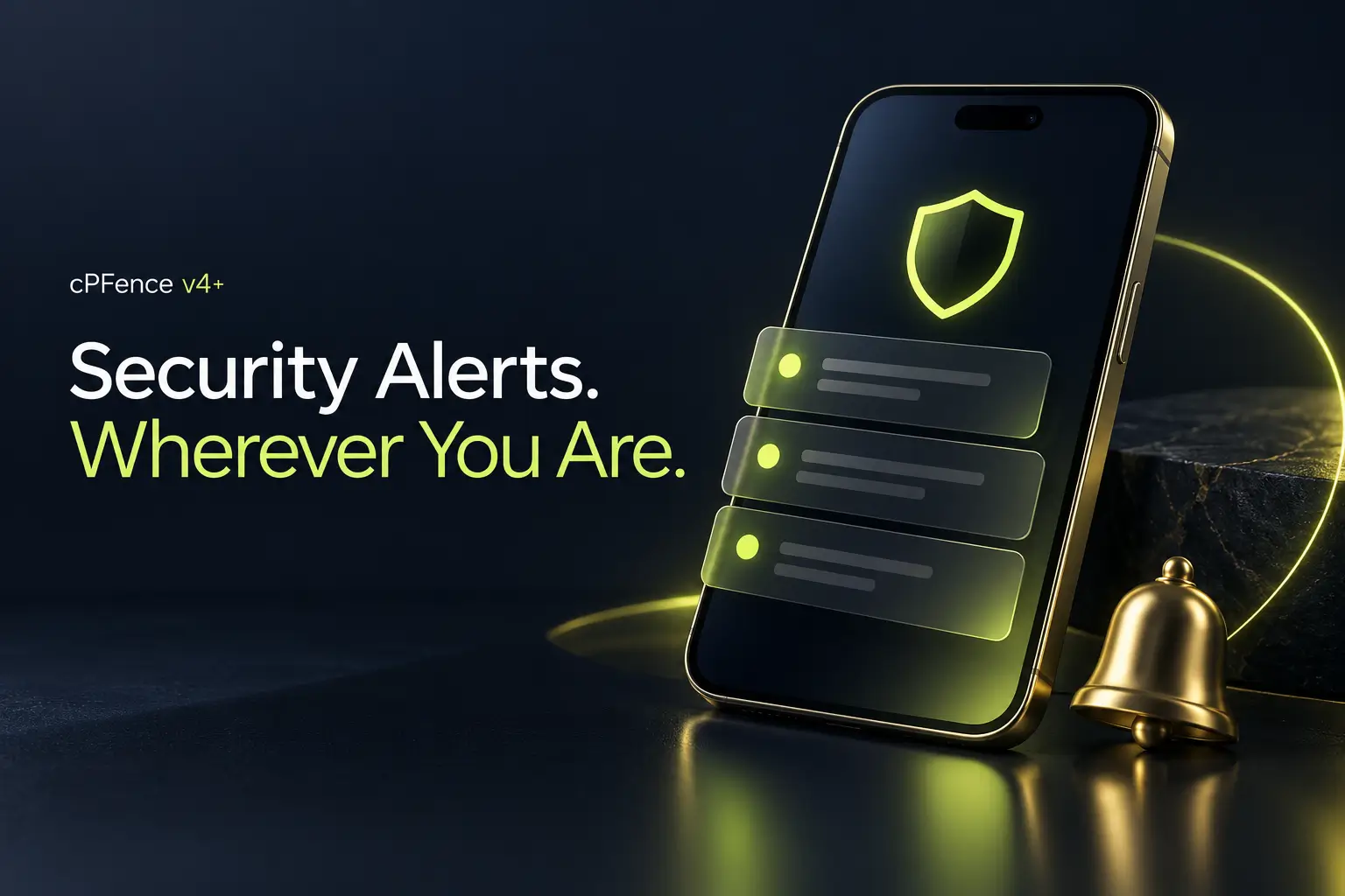 Conceptual smartphone with lime security notifications and a gold bell.