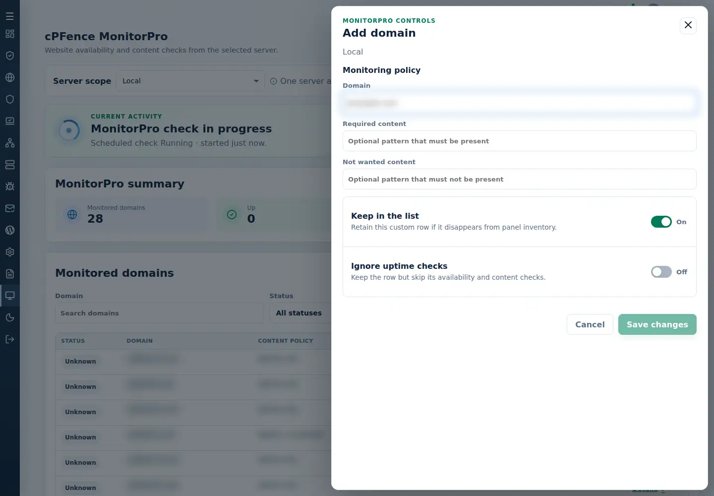 MonitorPro domain form with content and retention settings