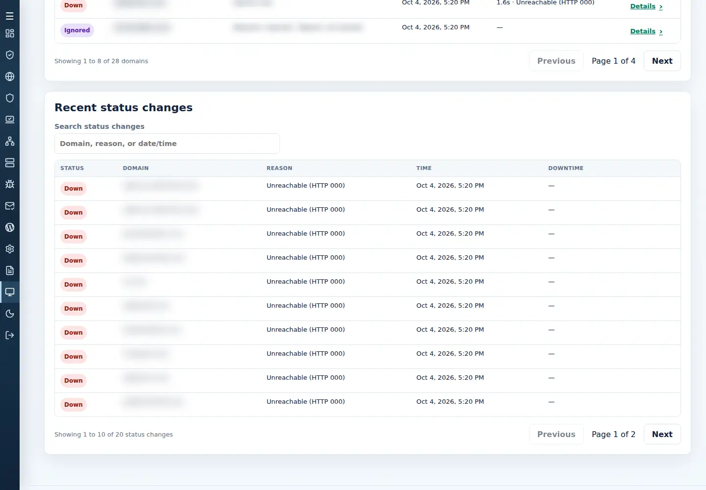 MonitorPro recent status changes with search and pagination.