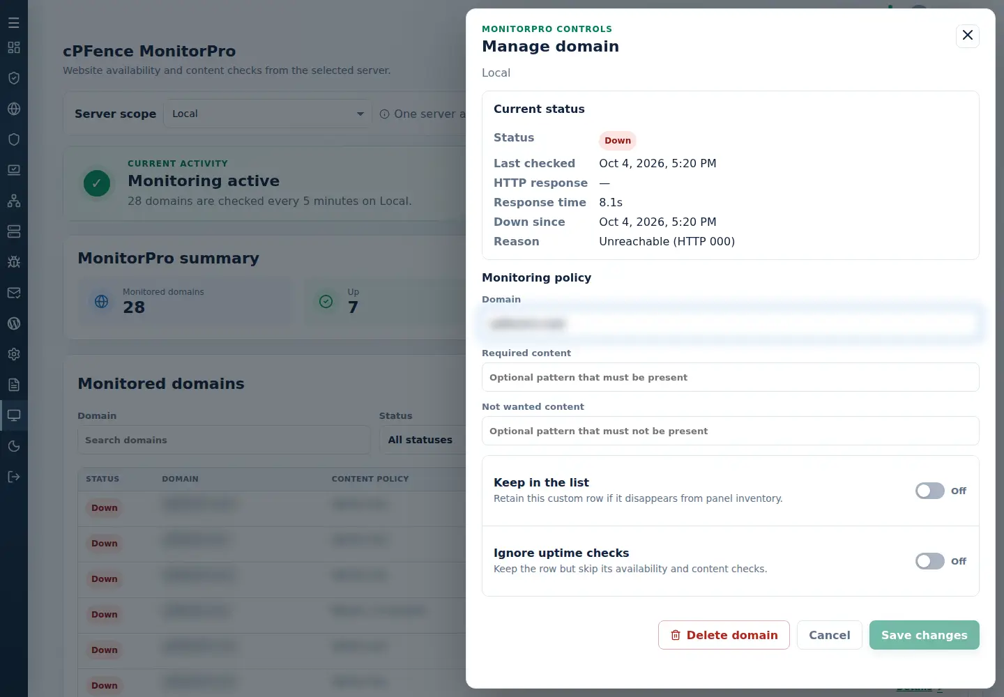 MonitorPro domain details with retained status and monitoring policy