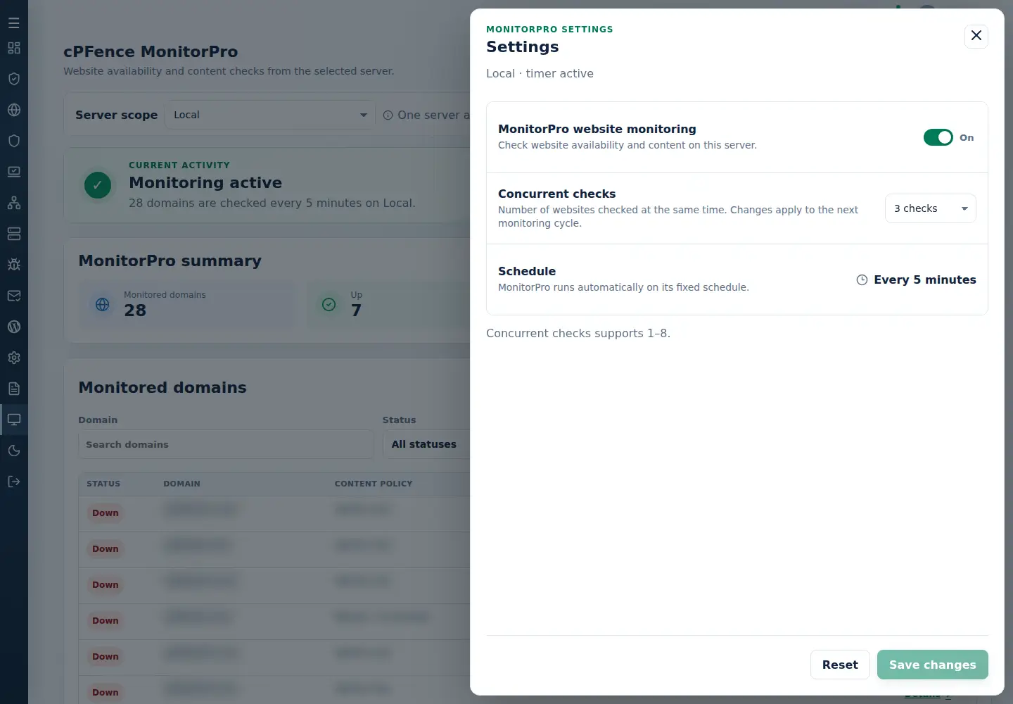 MonitorPro Settings on Local with monitoring enabled, three concurrent checks and the five-minute schedule.