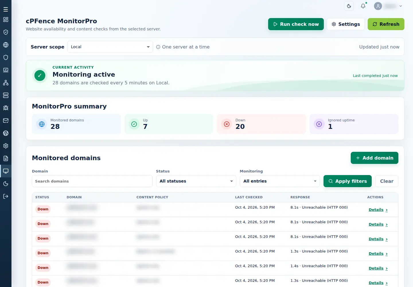 Current MonitorPro activity, server scope, domain filters and table in cPFence v4+.