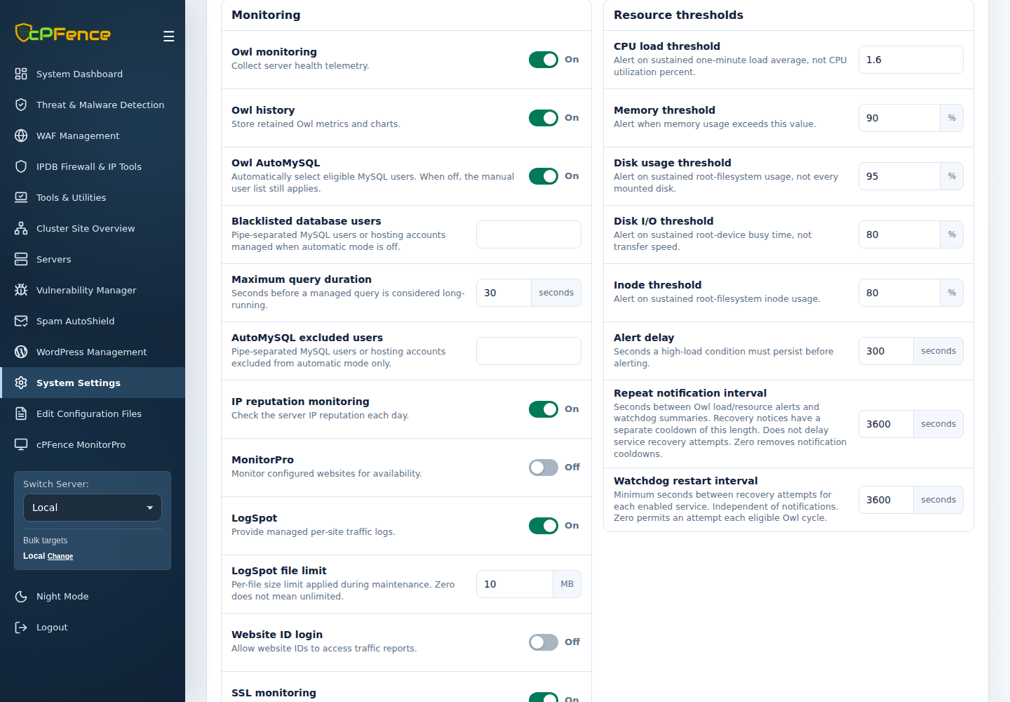 Monitoring settings with Owl AutoMySQL, Blacklisted database users and Maximum query duration