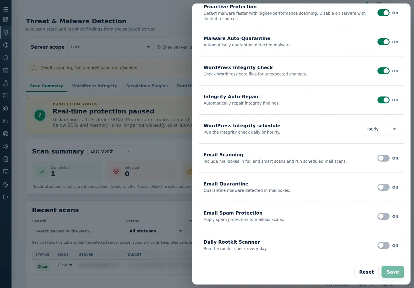 Detection Settings with separate website auto-quarantine, Email Scanning, Email Quarantine and Email Spam Protection controls