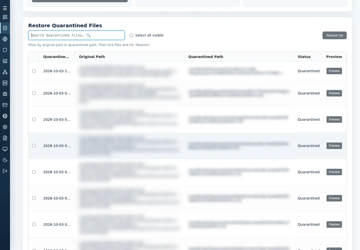 Restore Quarantined Files table with original path, stored path, status, search and Preview controls