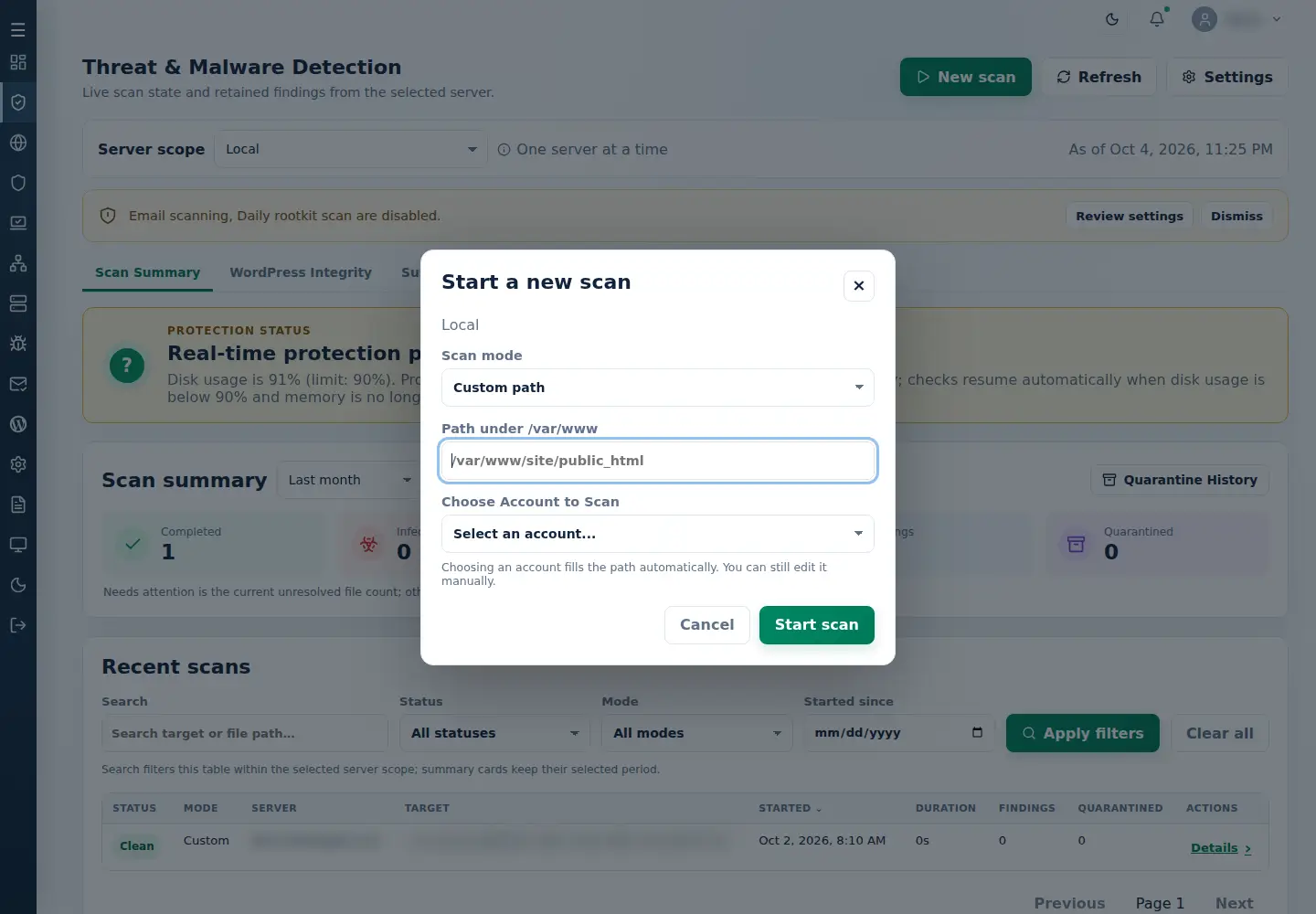 Native Start a new scan dialog with Custom path mode, path field and account selector