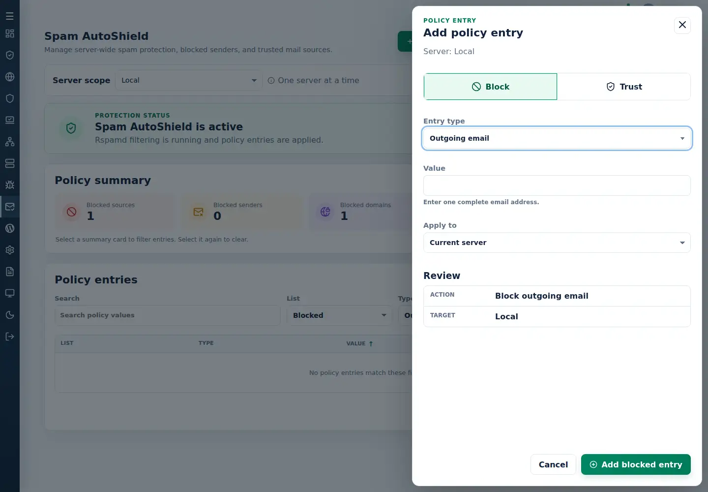 Spam AutoShield Add policy entry form set to Block Outgoing email with Value, Apply to and inline Review.