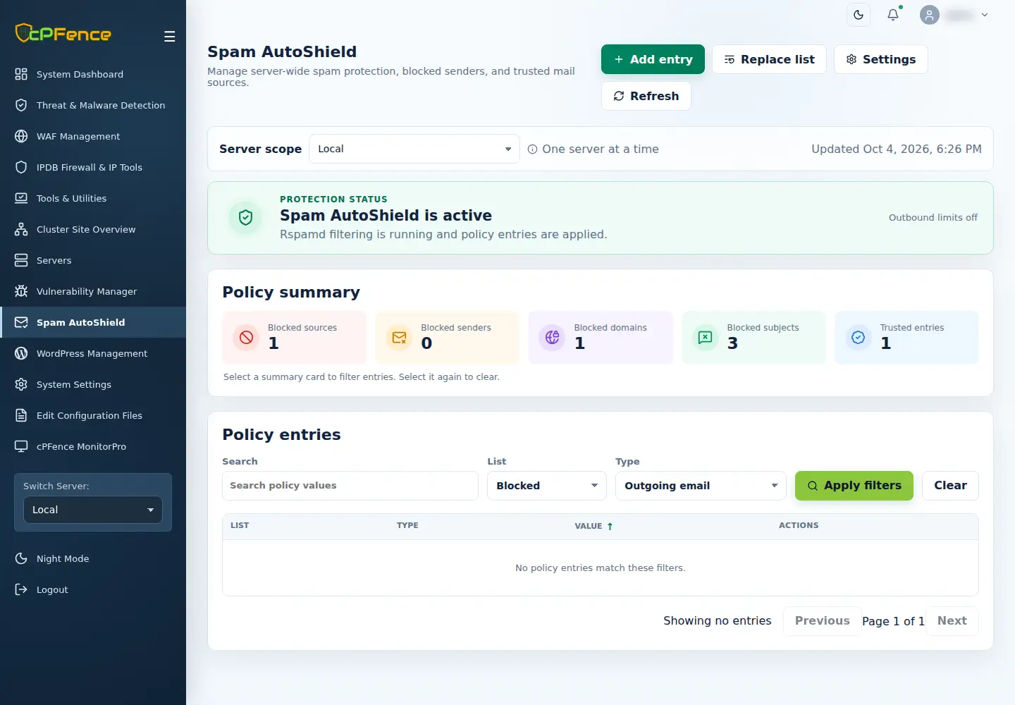 Spam AutoShield policy table filtered to Blocked and Outgoing email on Local with no matching entries.