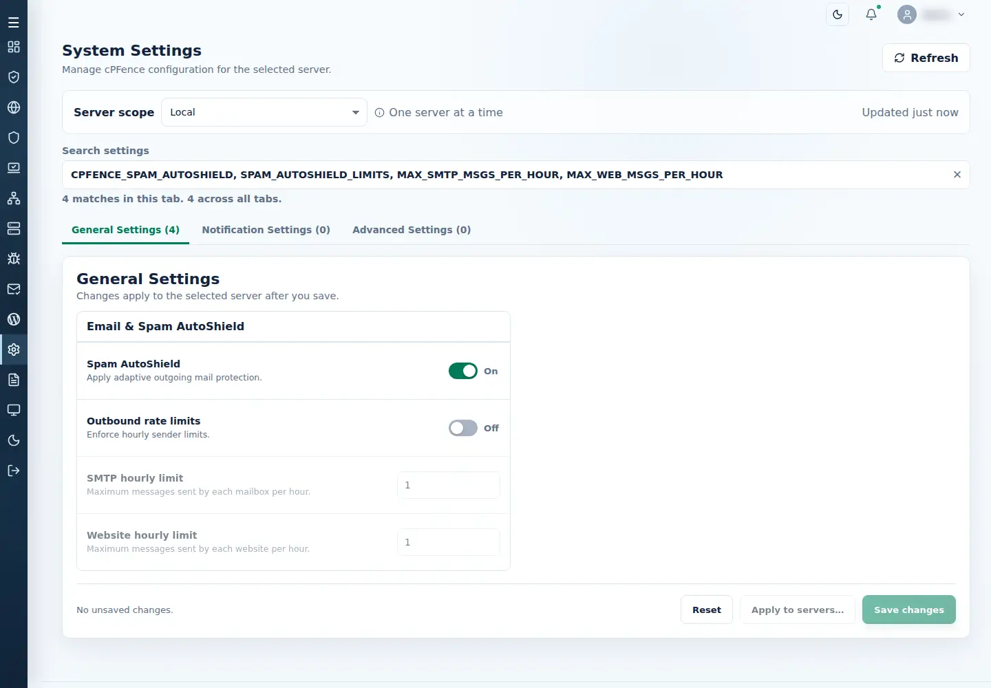 System Settings filtered to Spam AutoShield, Outbound rate limits, SMTP hourly limit and Website hourly limit.