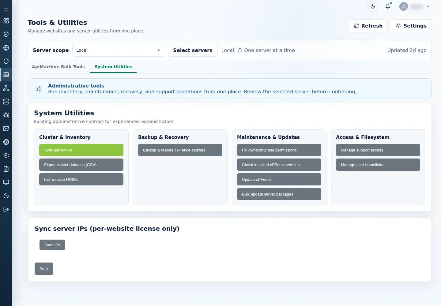 cPFence v4+ System Utilities with the per-website license Sync server IPs form open and Local selected