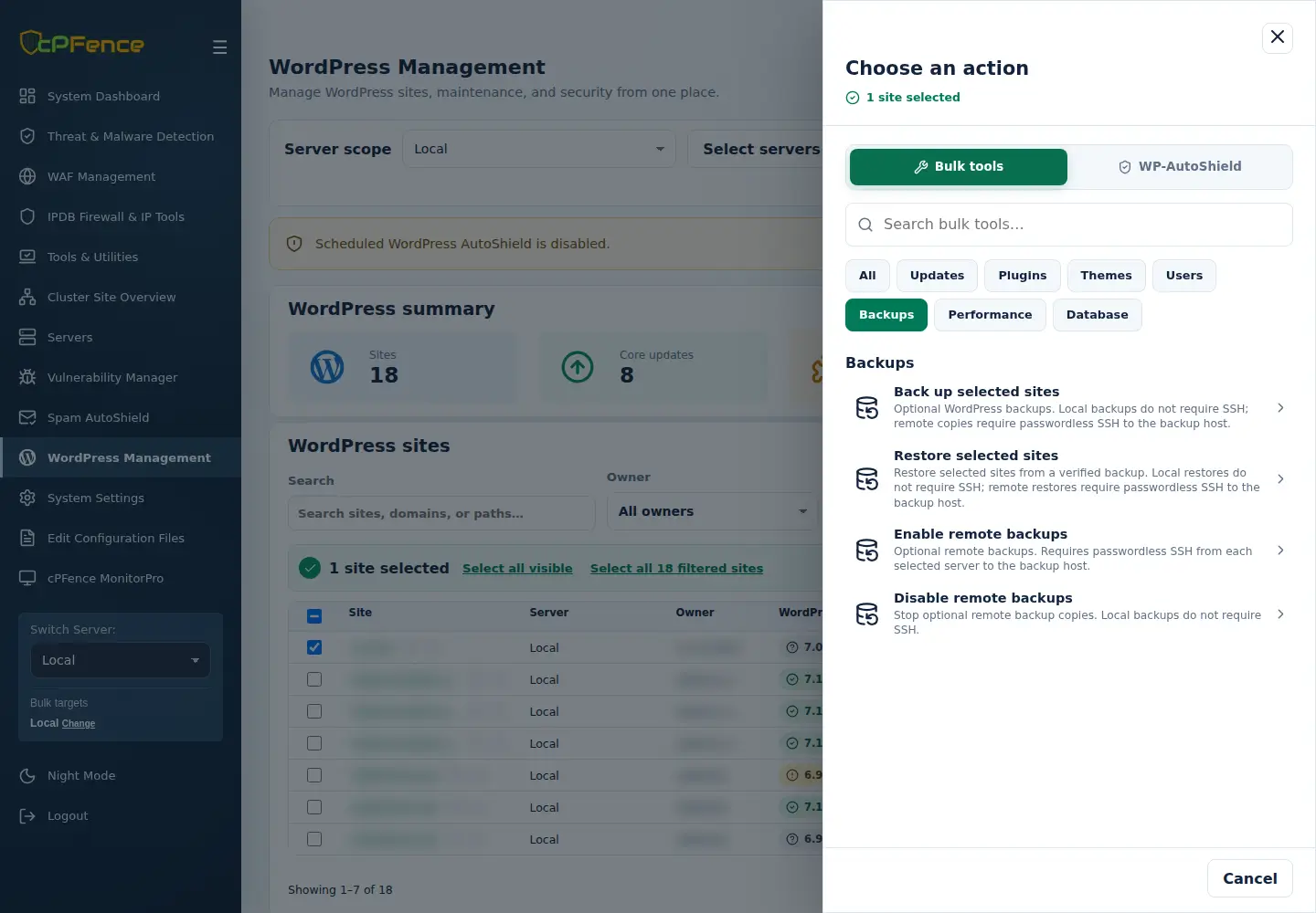 WordPress Backups group with selected-site backup, restore and remote-backup controls