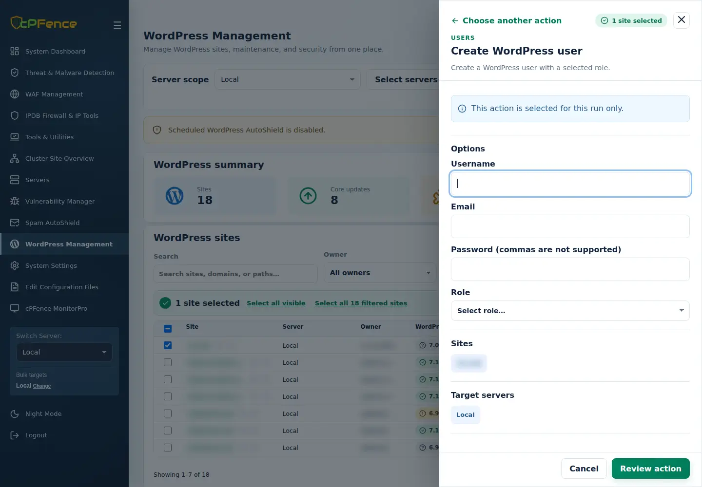 Create WordPress user form with username, email, password, role and target sections