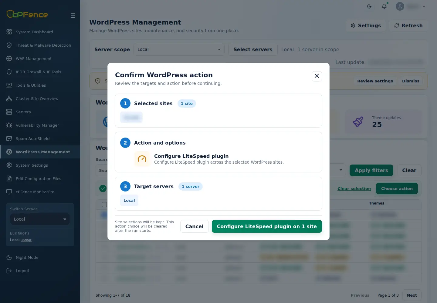 Configure LiteSpeed plugin confirmation with one selected site and Local target