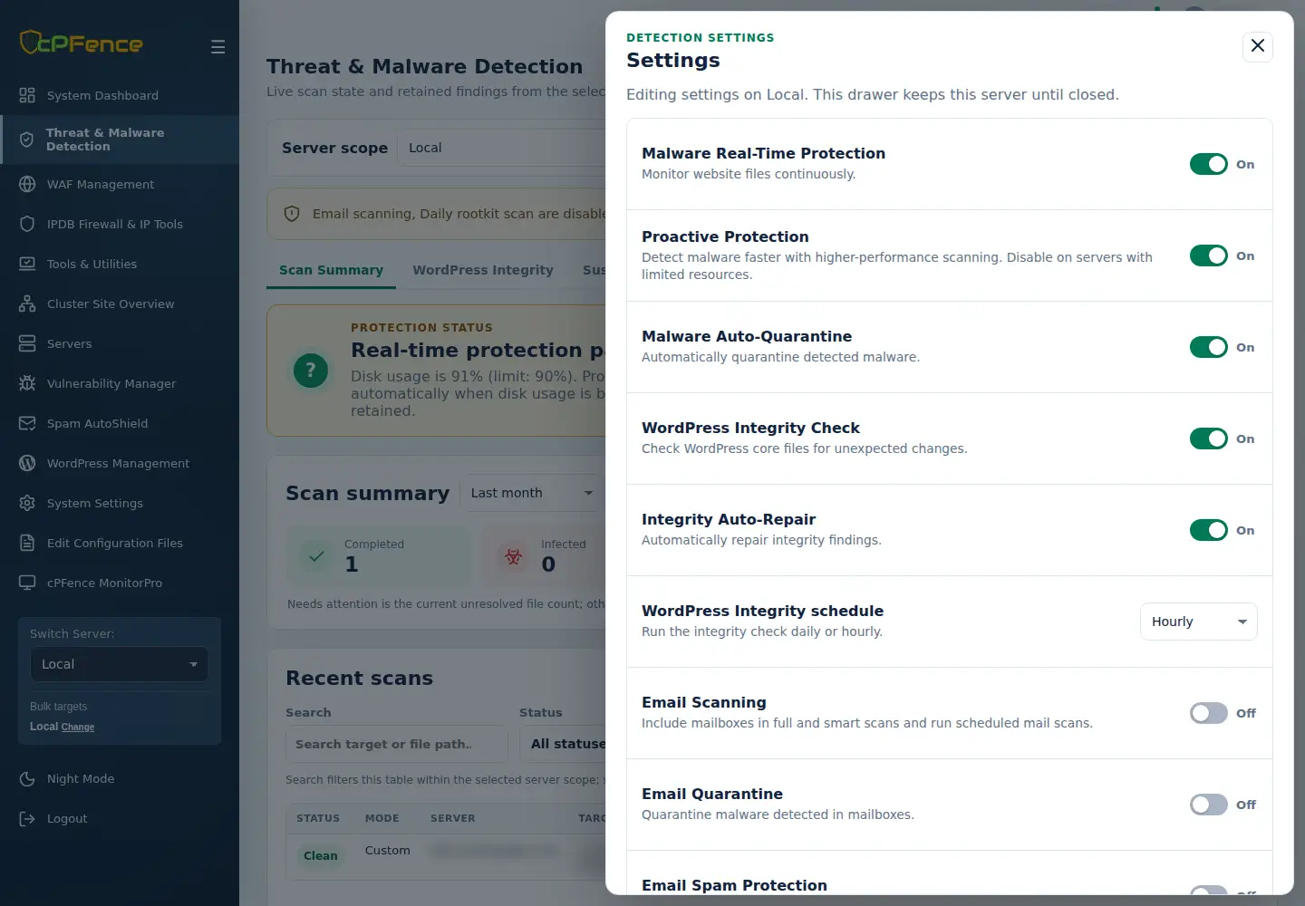 Detection settings for real-time protection, quarantine and WordPress integrity