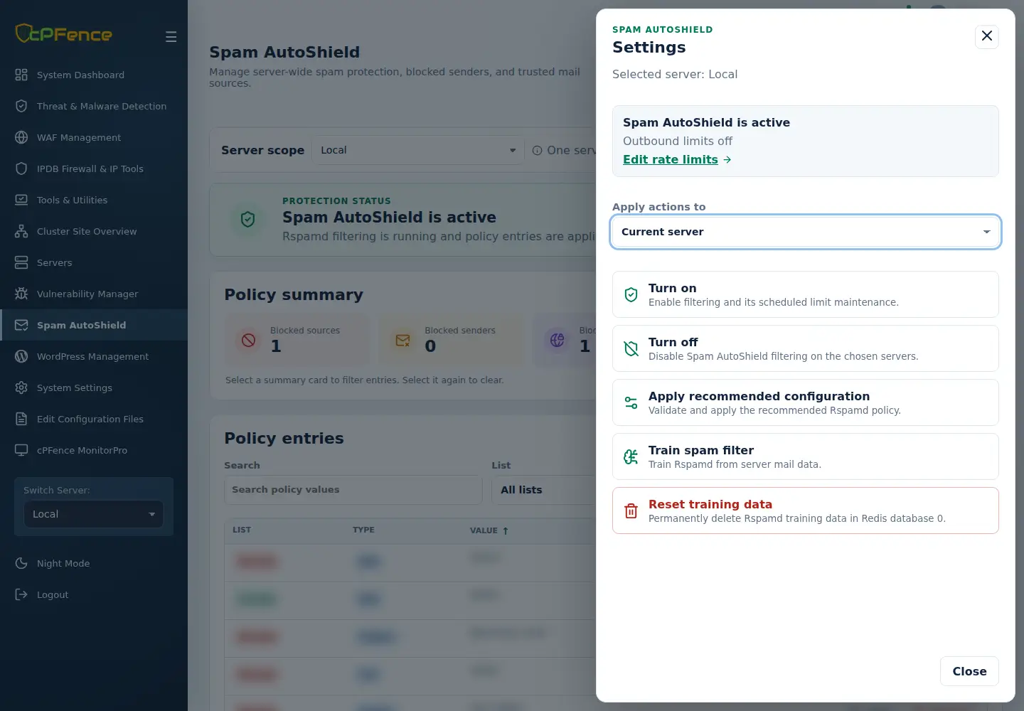 Spam AutoShield settings with server scope, recommended configuration and training controls