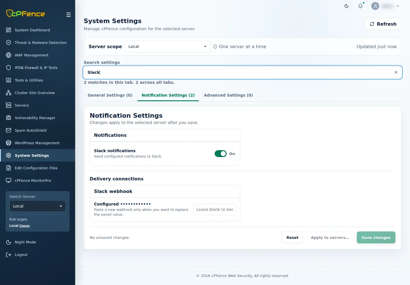 Notification Settings filtered to Slack notifications and the private blank-keeps-current webhook field.