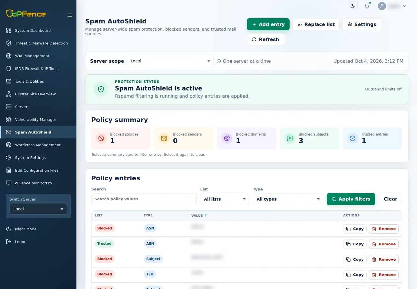Spam AutoShield with server scope, protection status, policy filters and Add entry, Settings and Remove controls.