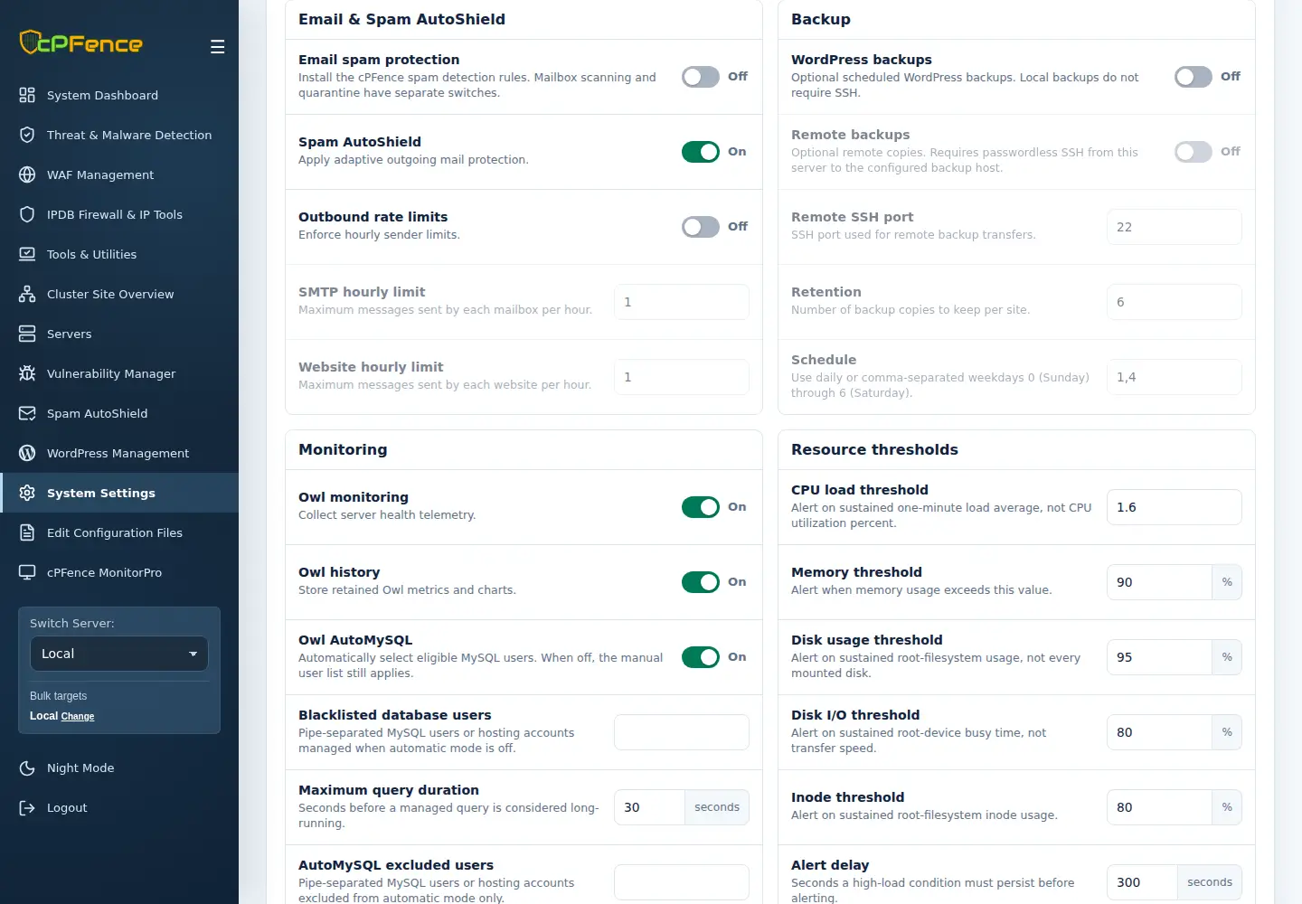 System Settings Email and Spam AutoShield controls for outbound limits, SMTP per-mailbox and website per-website limits.