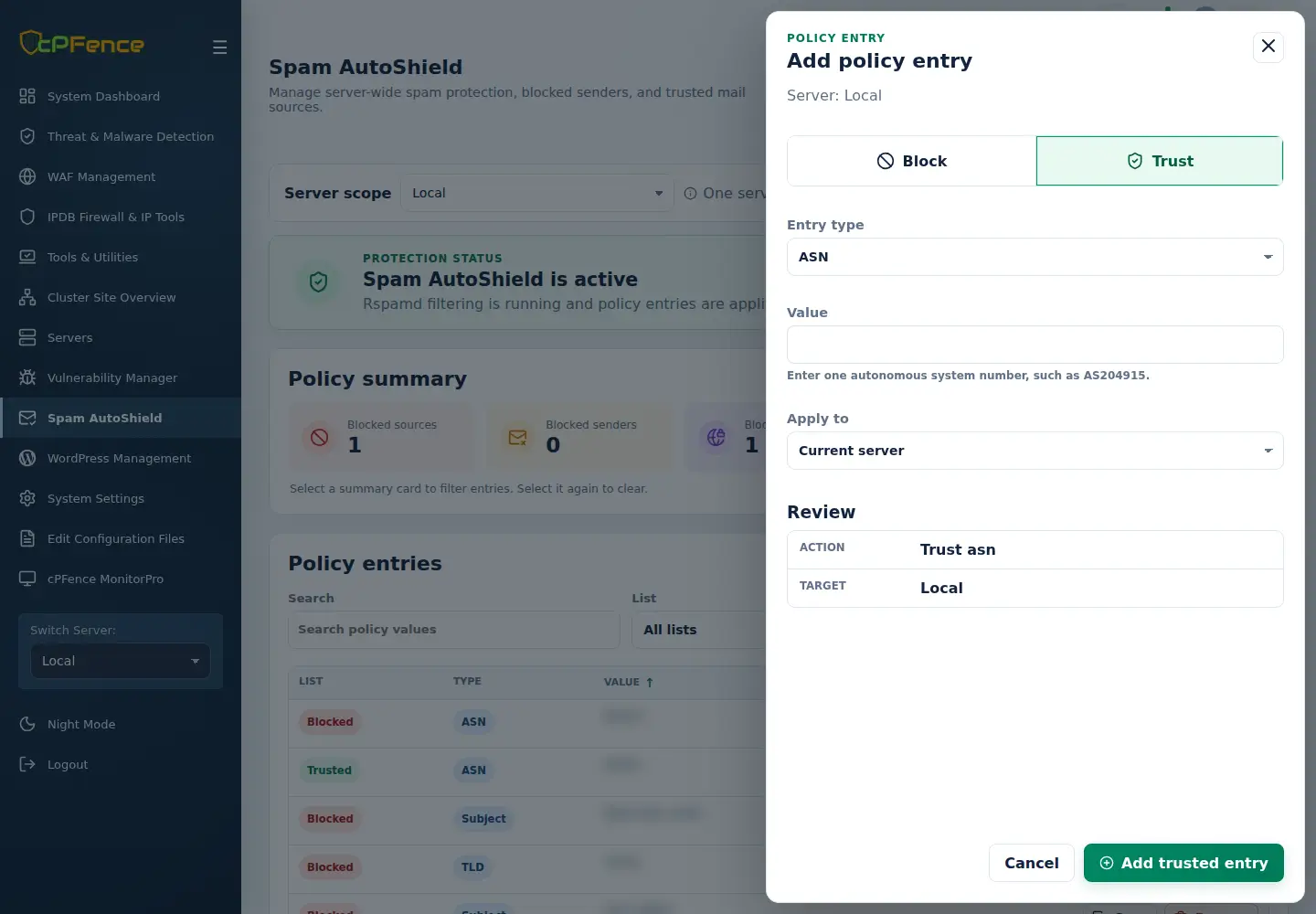 Spam AutoShield Add policy entry form with Trust and ASN selected, an empty Value and Current server scope.