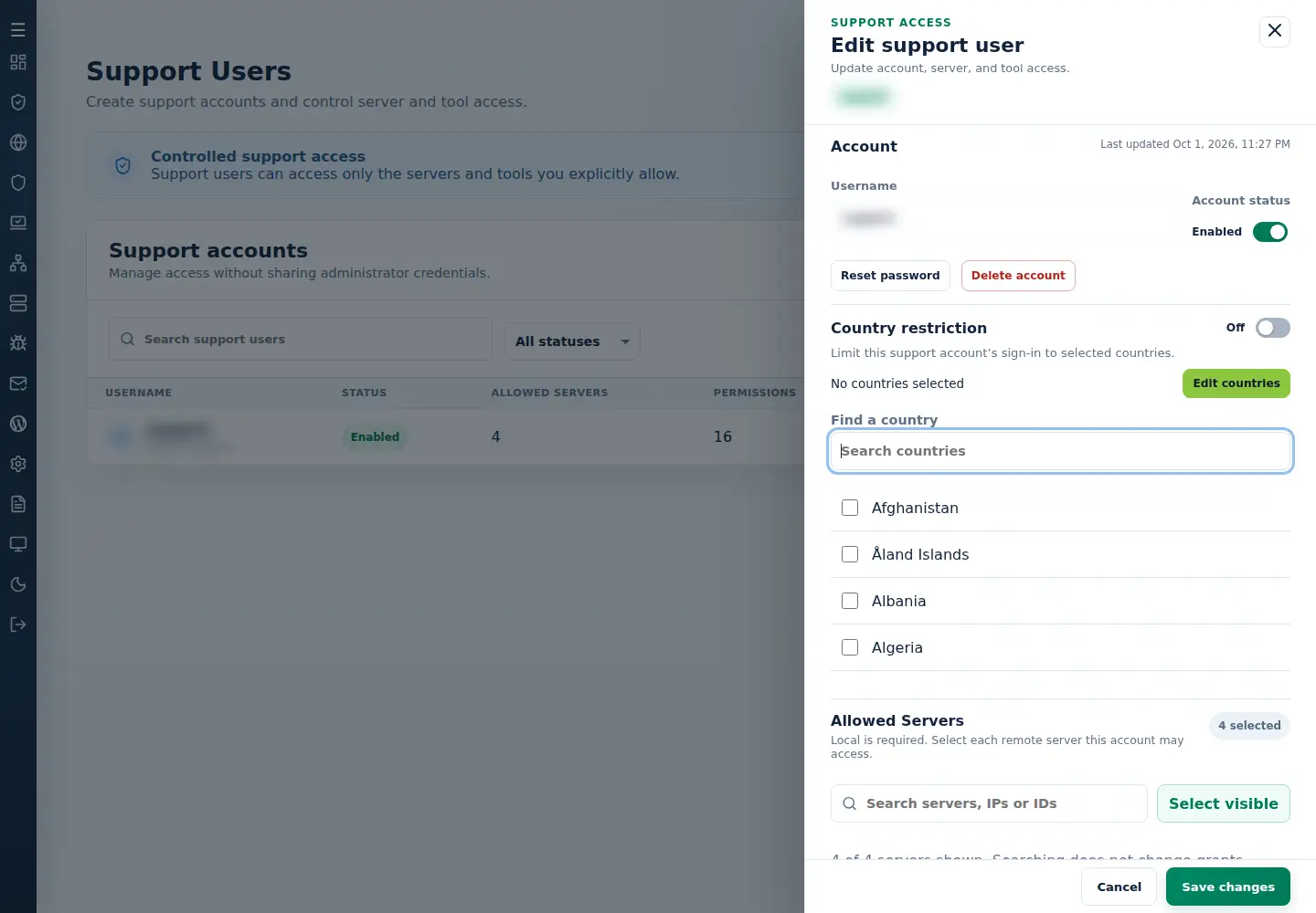 Edit support user drawer with account status, password and deletion controls and country choices.