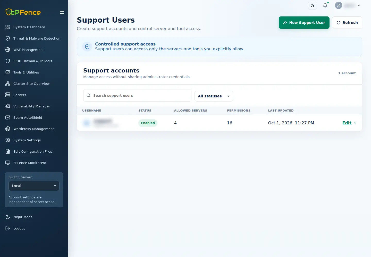 Support Users overview with New Support User, search, status and an existing account’s grants.