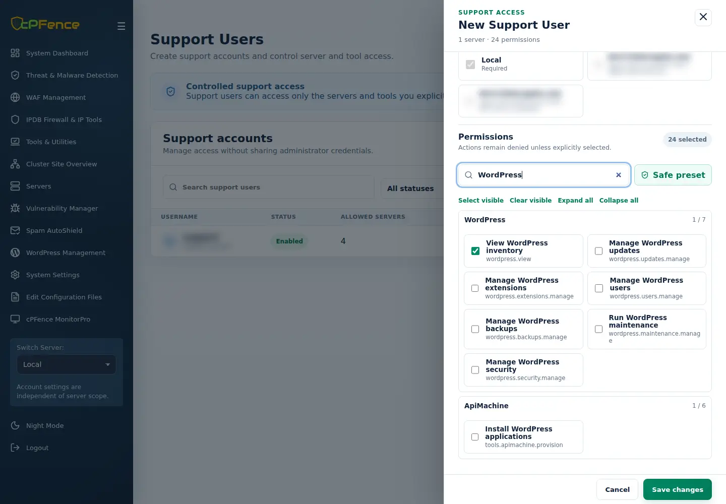 New Support User permission editor filtered to WordPress, with separate inventory and management permissions.