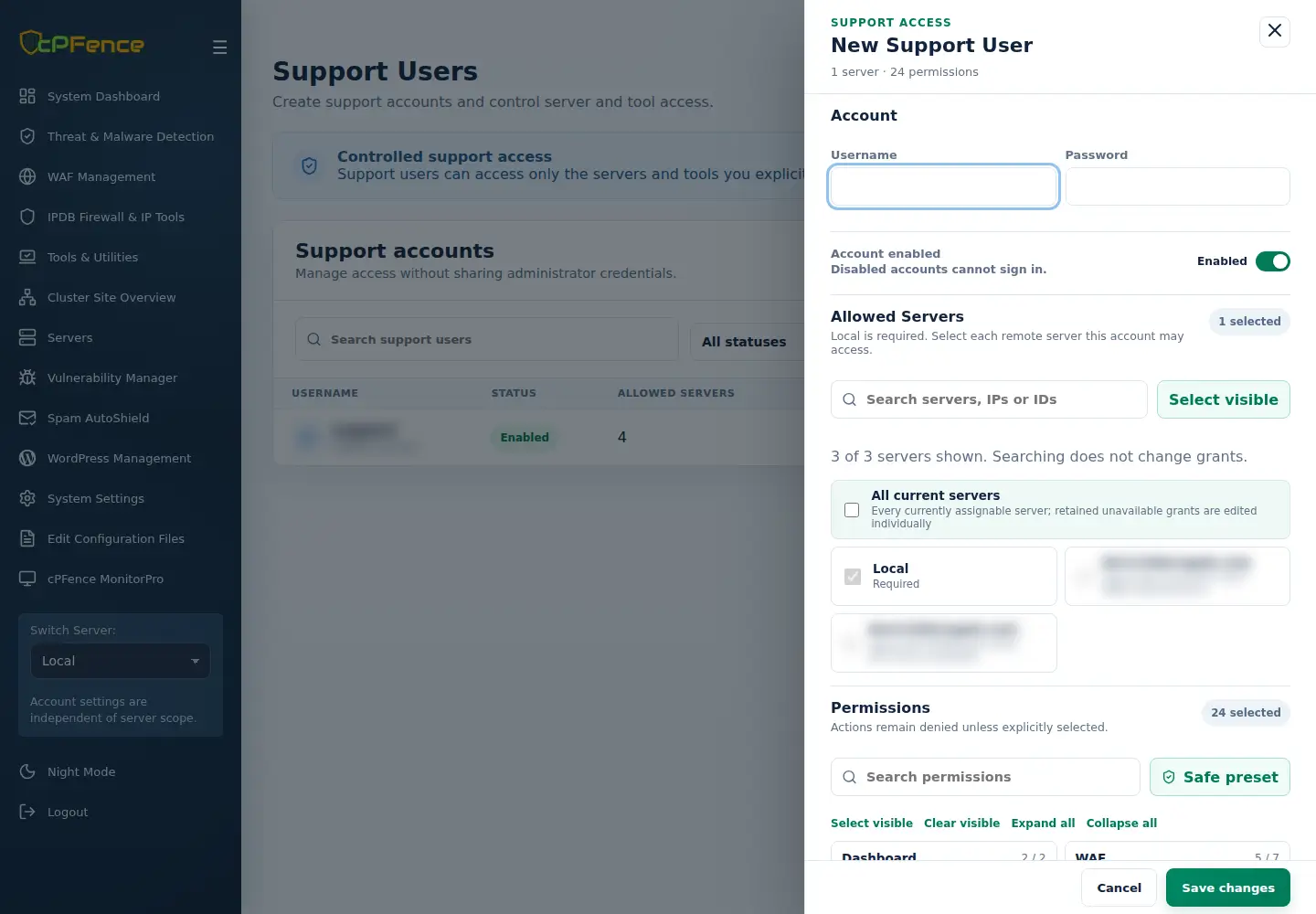 New Support User drawer showing required Local access, searchable Allowed Servers and All current servers.