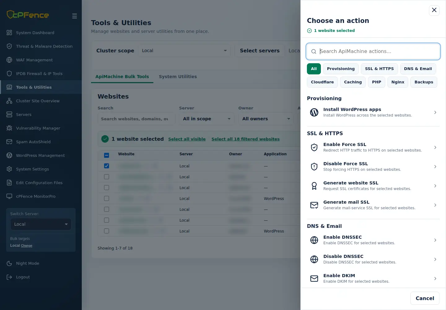 Tools & Utilities Choose an action menu for a selected website.