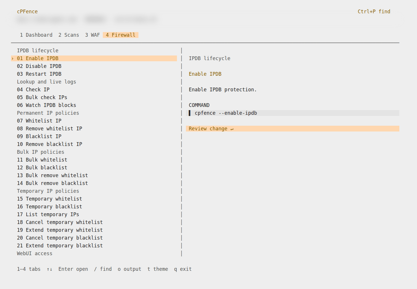 cPFence terminal UI Firewall tab with permanent and temporary IP policies