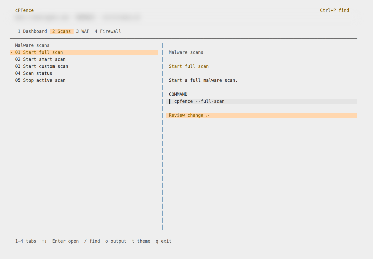 cPFence terminal UI Scans tab with the full scan command preview