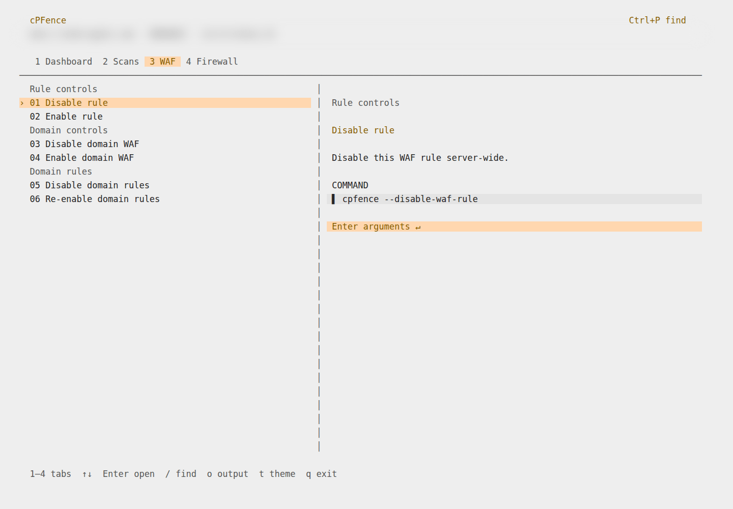cPFence terminal UI WAF tab with rule and domain controls