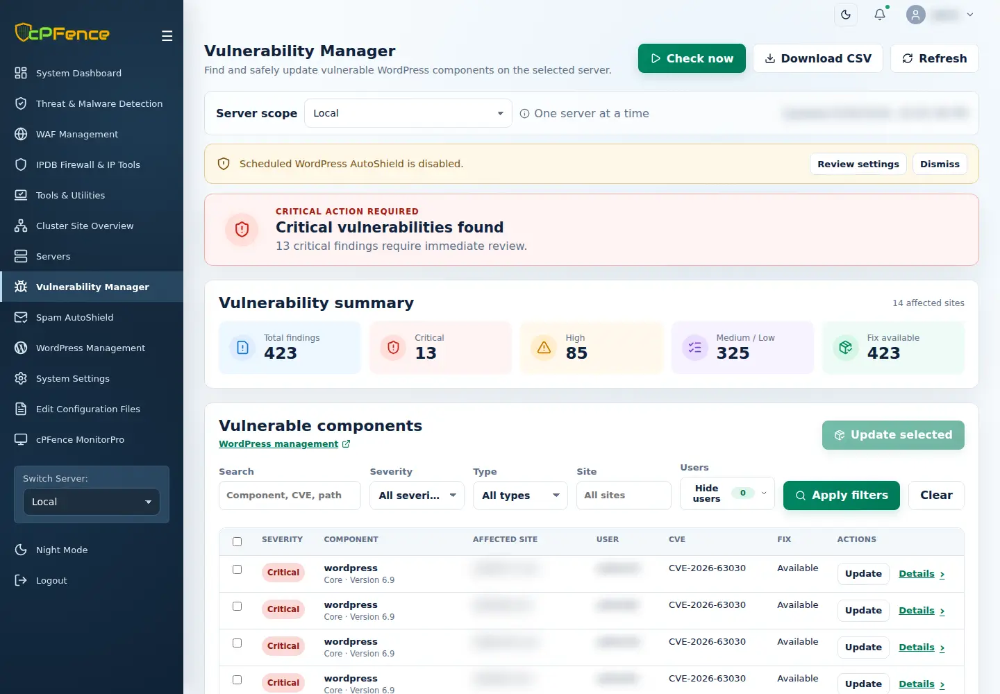 Vulnerability Manager summaries, server scope and update controls.