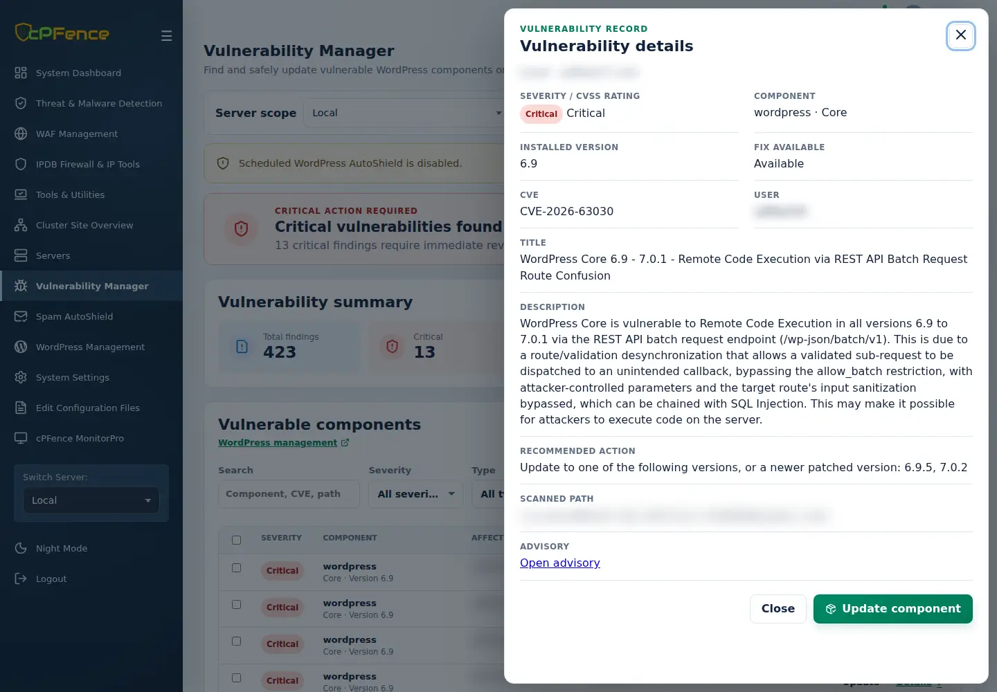 Vulnerability record details, advisory and Update component controls.