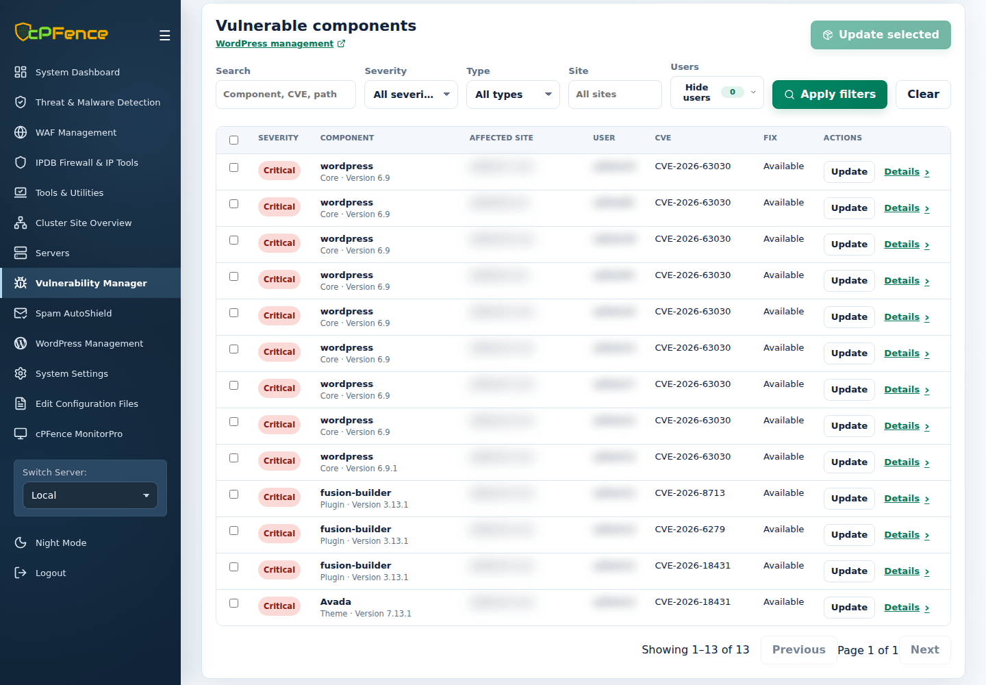 Vulnerability Manager Search, Severity, Type, Site and Apply filters controls.