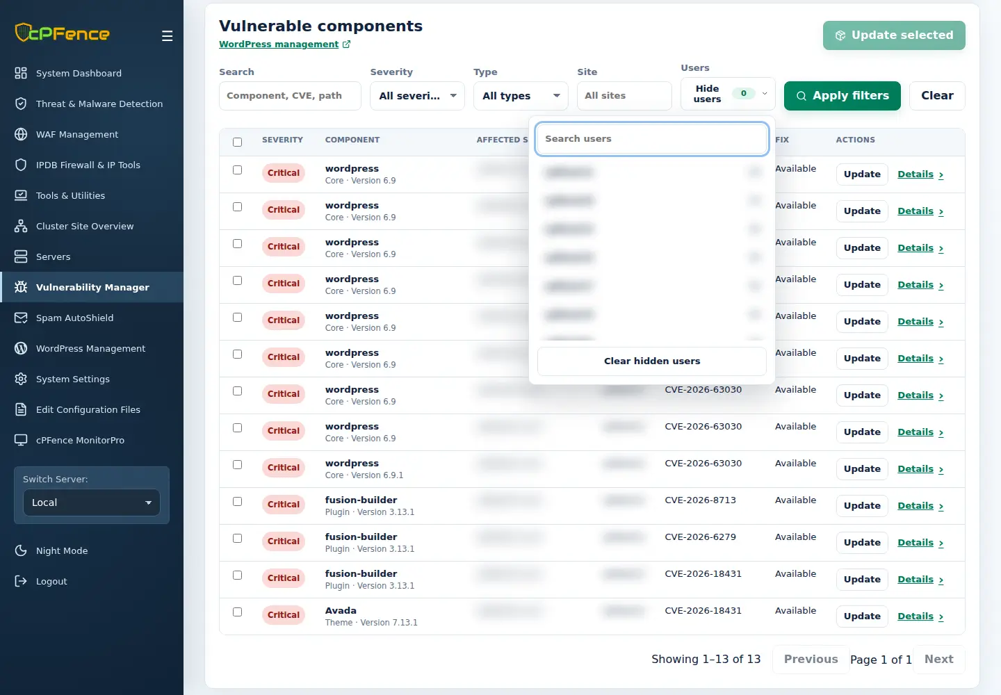 Expanded Hide users menu in Vulnerability Manager.