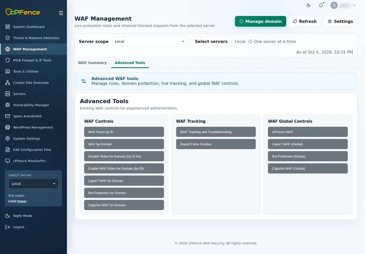 Current WAF Advanced Tools with domain, rule and tracking controls
