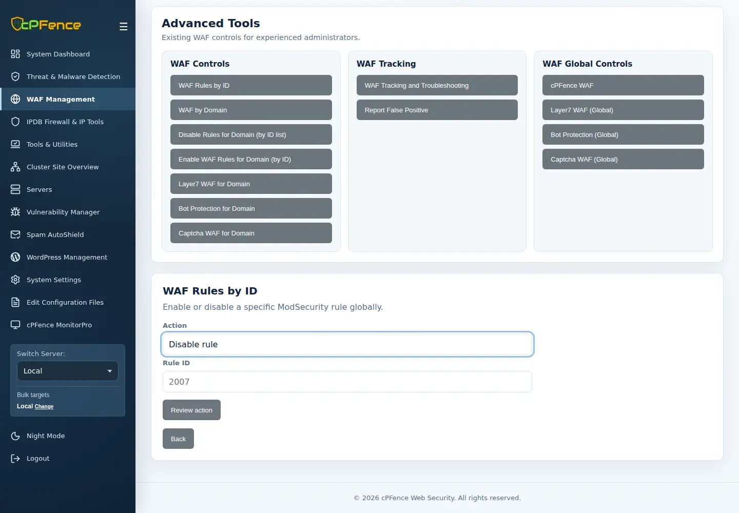 WAF Rules by ID form with Action, Rule ID and Review action
