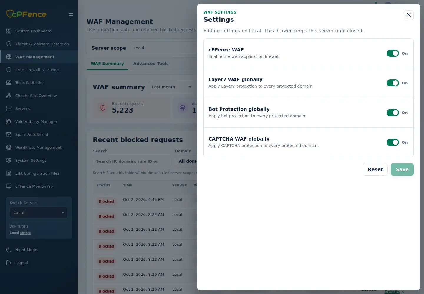 WAF Settings master switch and independent Layer 7, bot protection and WAF CAPTCHA controls.