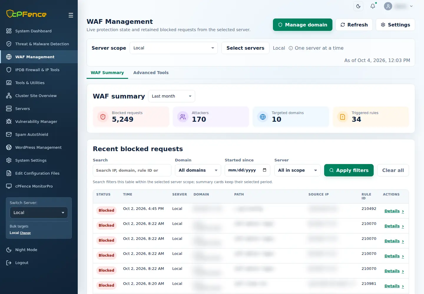 WAF Management with Local scope and retained blocked requests.