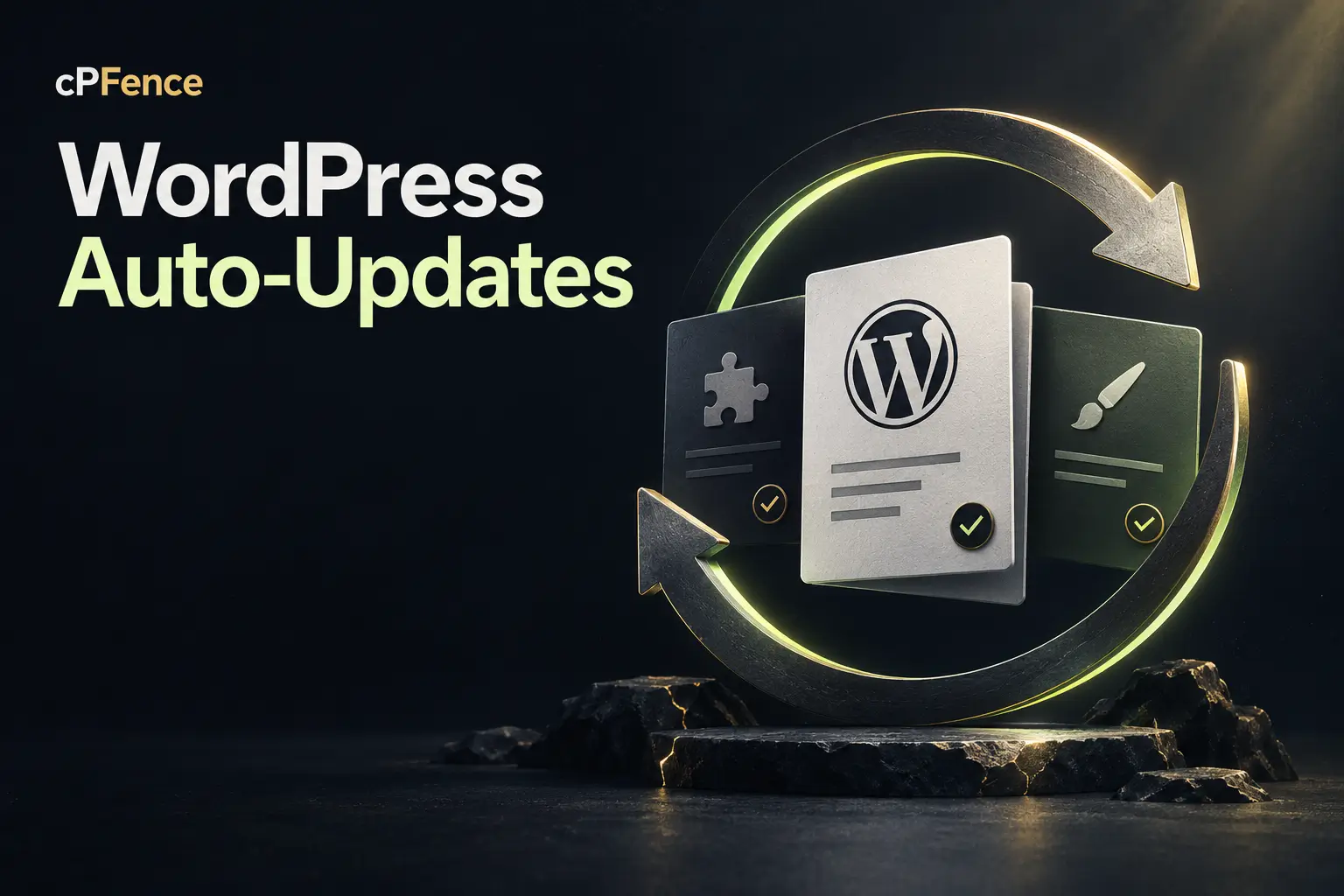 WordPress update layers with a lime circular update arrow and gold lock.