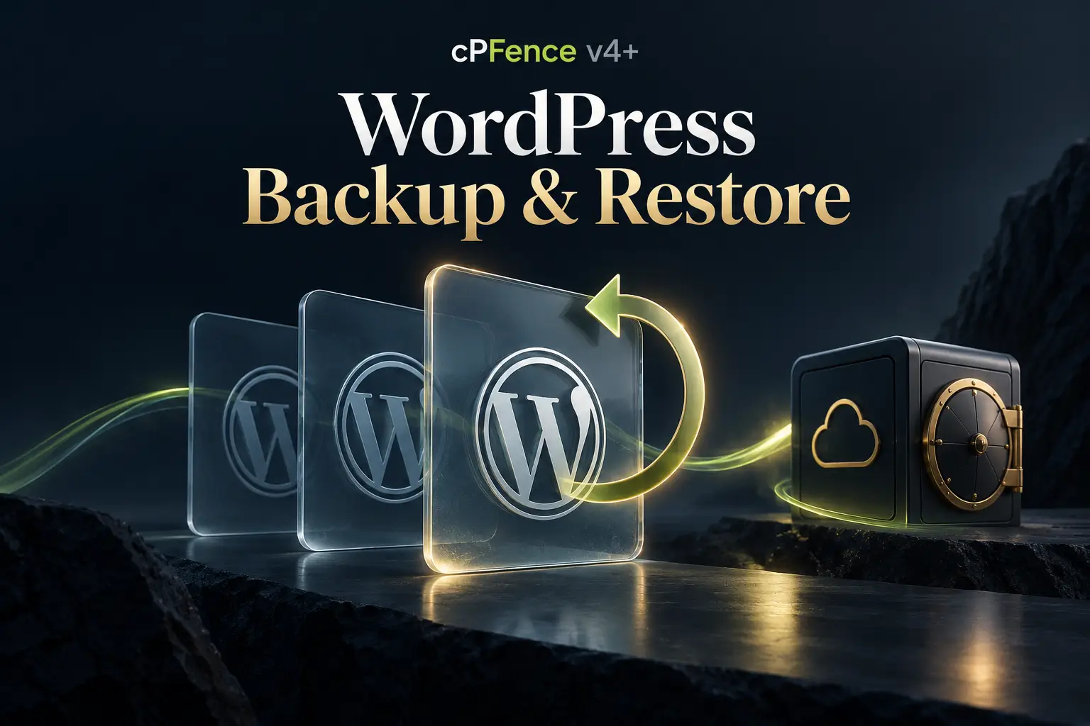 WordPress snapshot layers, restore arrow and separate remote-storage vault.