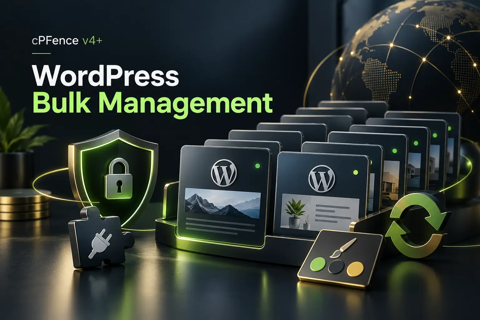 WordPress site tiles with plugin, theme and update motifs for cPFence bulk management.