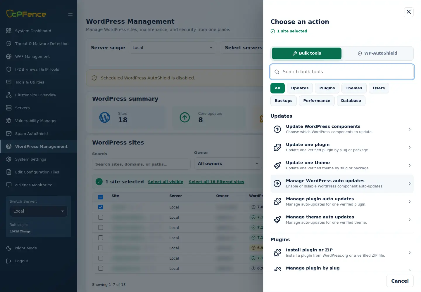 WordPress Management Choose an action menu, Bulk tools tab.