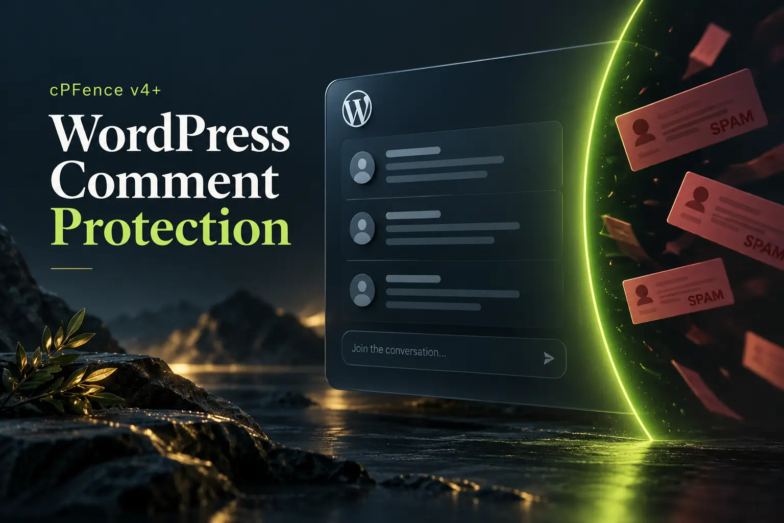Conceptual WordPress comment area with a lime protection boundary and blocked spam messages.