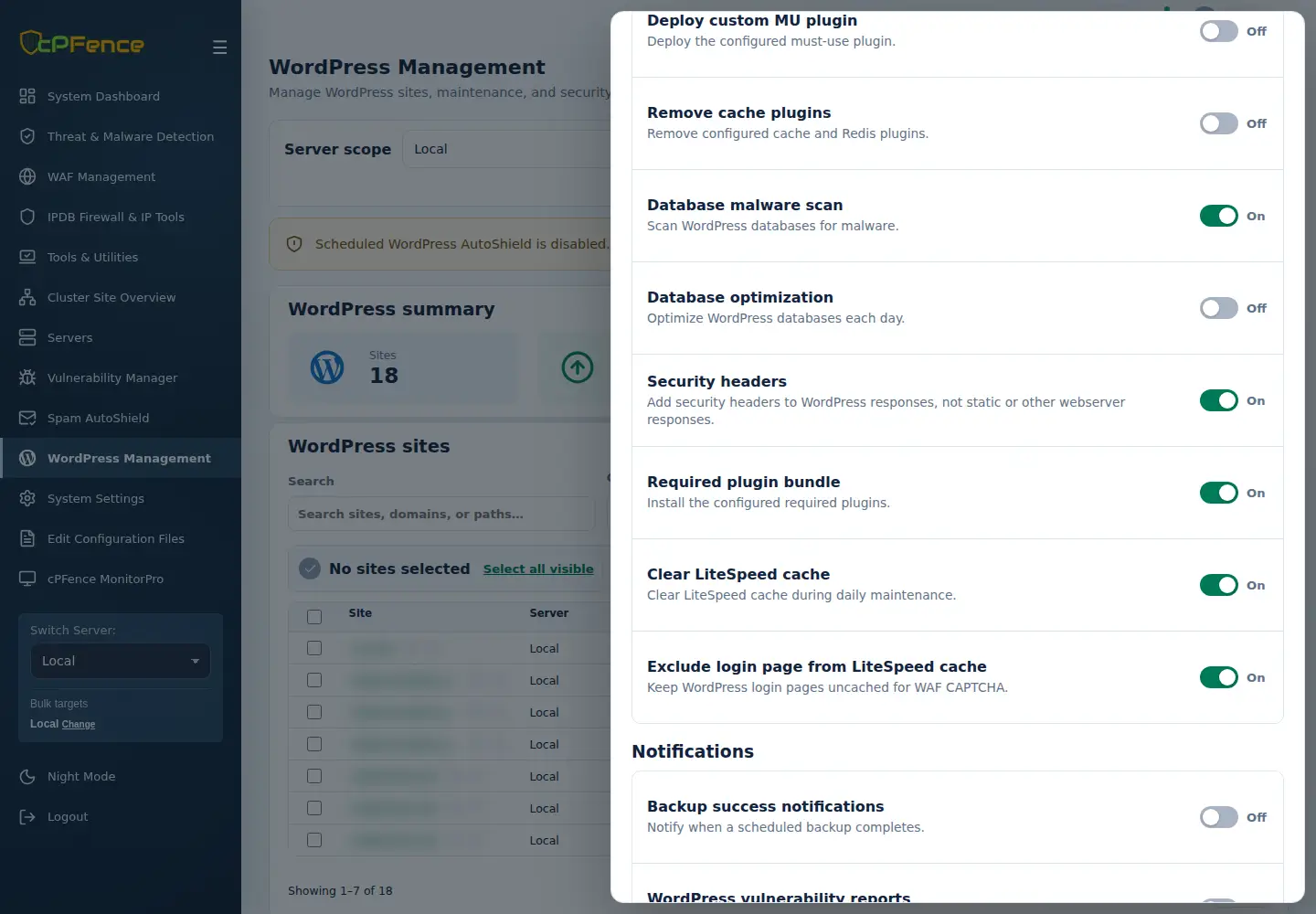 WordPress Settings options for security headers, database scanning and optimization, custom MU plugins and a required plugin bundle.