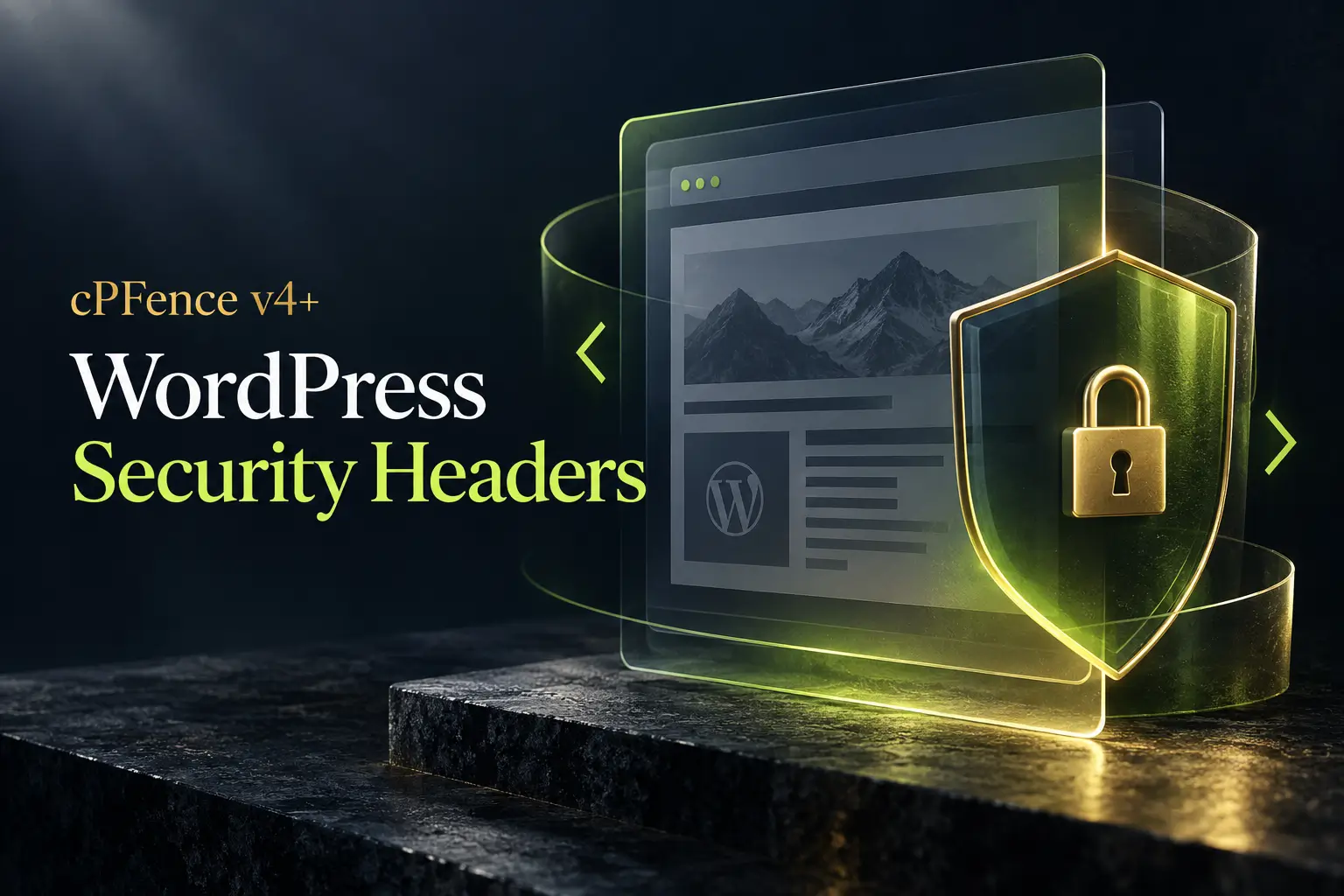 Layered WordPress page with a protective edge and lock illustrating response security headers.