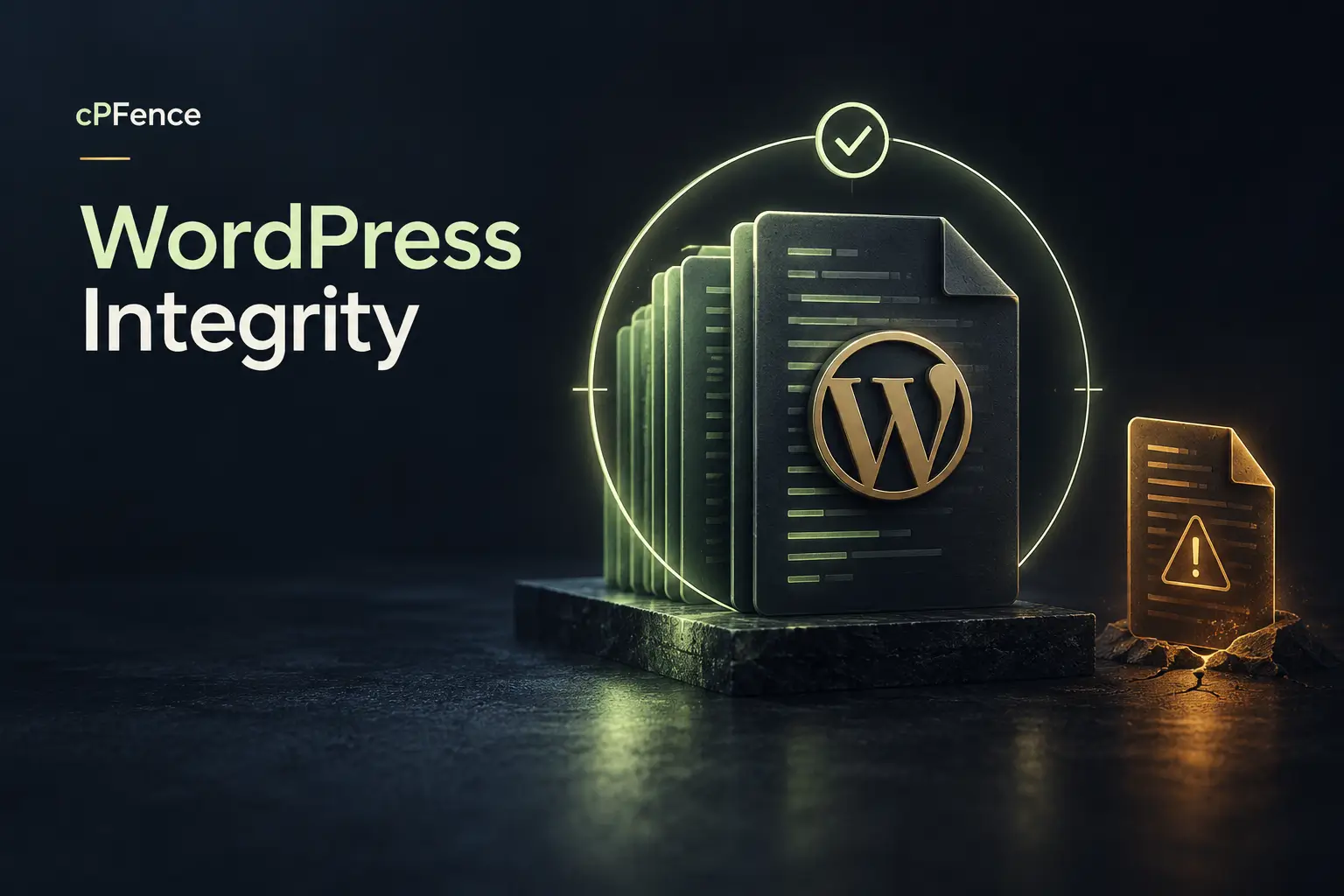 WordPress core-file layers with checksum marks, a protection boundary and quarantine separation.